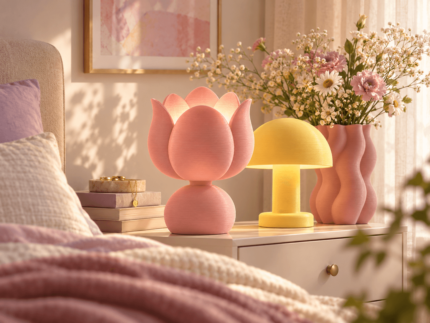 Розовая Tulip Lamp в спальне FEMILIA