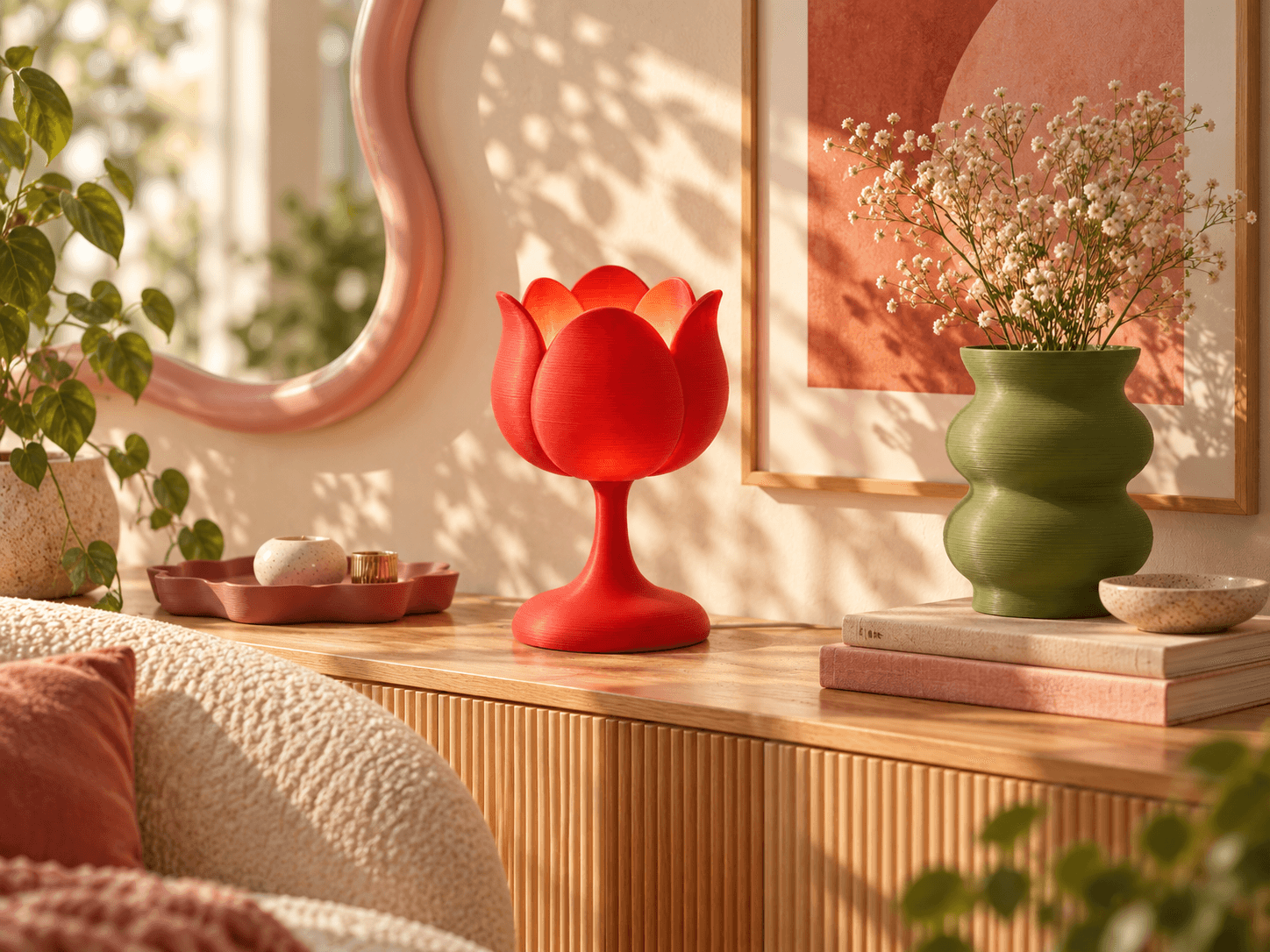 Красная Tulip Lamp в гостиной FEMILIA
